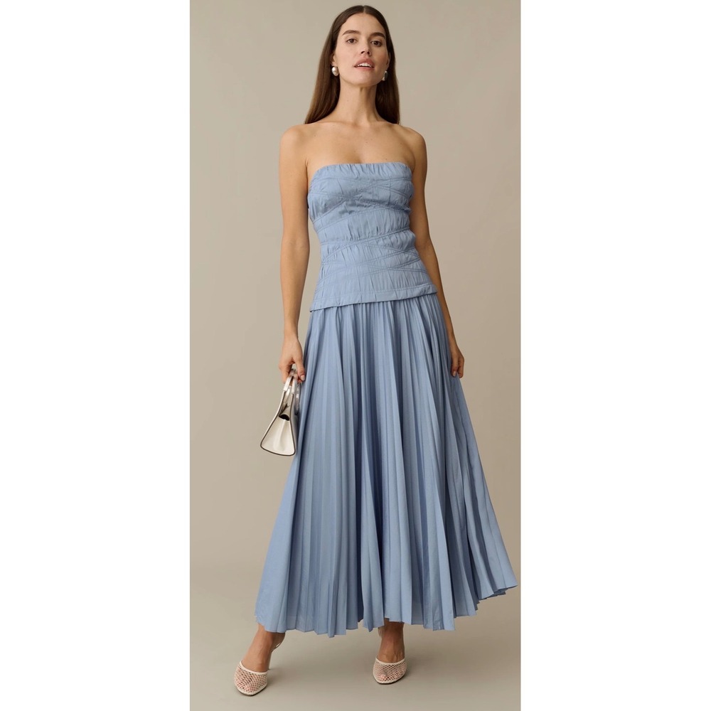 Few Moda o.p.t One Pretty Time Strapless Pleated Smocked Midi Dress Blue 4